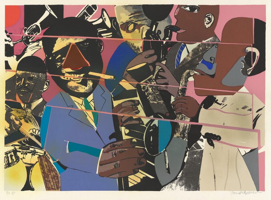 Pink lines cut horizontally across six musicians against a pink background in this stylized, horizontal screenprint. Three of the musicians have black-colored skin, two have brown skin, and one has skin shaded with muted yellow and gray. The largest musician is in the left third of the picture. He has a black-colored face with a brown triangular nose, and streaks of pale yellow suggest light or a sheen across his forehead, one cheek, and chin. He looks out at us and smiles as he clamps a cigarette between his teeth. He wears a periwinkle-blue suit jacket and rests his oversized, brown-colored hands on a piano keyboard. The two brown-skinned musicians play the saxophone and perhaps a clarinet to the right. One wears a parchment-white suit jacket and the other charcoal gray. The yellow and gray-shaded face floats between the keyboardist and the pair to the right. He may hold up an old-fashioned camera with a flash bulb. A man with dark gray and black skin sits at a drum set along the left edge of the sheet, and the sixth, whose face, hand, and trumpet are blocked in with areas of white and black, is near a red circle in the top left corner of the composition. The body parts, features, instruments, and clothing are fragmented and stylized, as if collaged. The pink streaks against the pink background suggest that the scene was created in strips and then laid down onto the background. Writing in graphite under the printed image reads “7/12 A/P” to the left and “Romare Bearden” to the right.