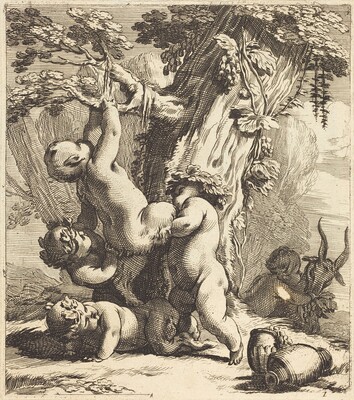 This is a drawing of three cherub-like figures in a natural setting with a tree. The scene depicts these figures engaging with their surroundings, with one cherub reaching up towards the branches of a tree. The tree has detailed bark and the ground is scattered with vessels, including an amphora. In the background, there are elements of nature such as foliage and faint hills. The style of line work and cross-hatching enhances the depth and shadow, emphasizing the contours of the figures and the natural environment.