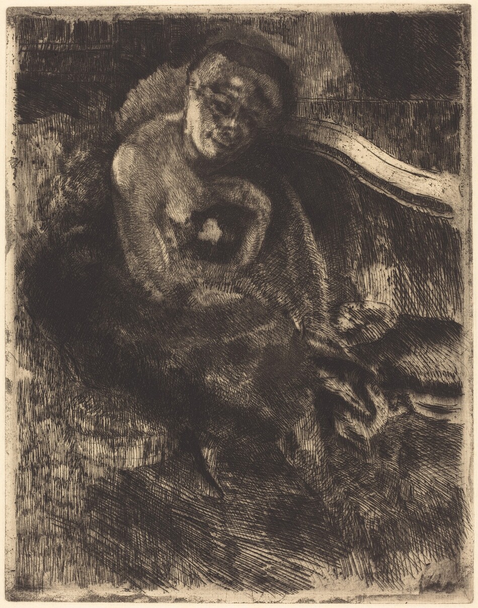 The image shows an etching of a person from the head to just below the shoulders. The person is seated with a slight lean and is partially wrapped in textured fabric or fur. The facial features are soft and somewhat obscured, with short hair closely cropped to the scalp. The person's clothing is not clearly visible, as a dark, dense pattern predominates the image. The surrounding environment appears textured and abstract, with swirling lines suggesting a richly textured background, implying a cozy, enclosed space. Deep shadows and highlights are used to form the contours of both the person and the surroundings.