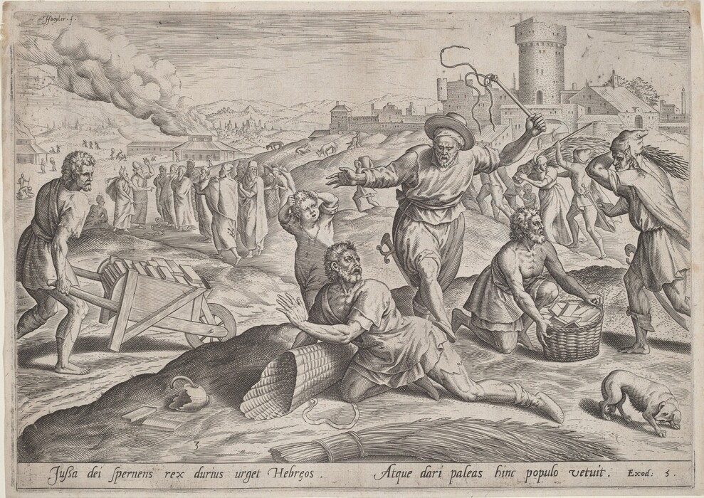 This is a drawing of a historical scene depicting laborers and overseers in an ancient setting. The image shows several figures in various poses of labor, with some carrying heavy loads such as bricks and baskets, others working with tools. A man in a commanding posture is wielding a whip, overseeing the labor. In the background, there are structures resembling fortifications or castles, with smoke rising from the buildings. The scene illustrates a bustling environment, with a mix of labor and historical city buildings, backed by a rural landscape. The style captures a sense of narrative through body language and setting, typical of historical illustrations.