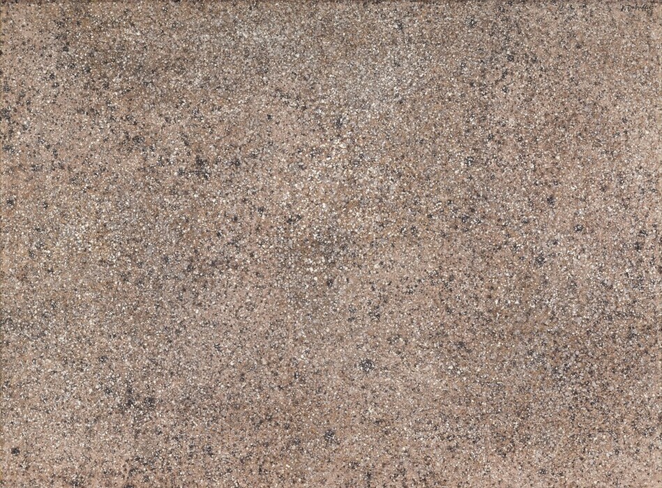 Grain-like speckles and dots in shades of sand brown, cream white, smoke gray, and soft black are evenly distributed across the horizontal surface of this abstract painting. The artist signed and dated the upper right corner, "J. Dubuffett '58."