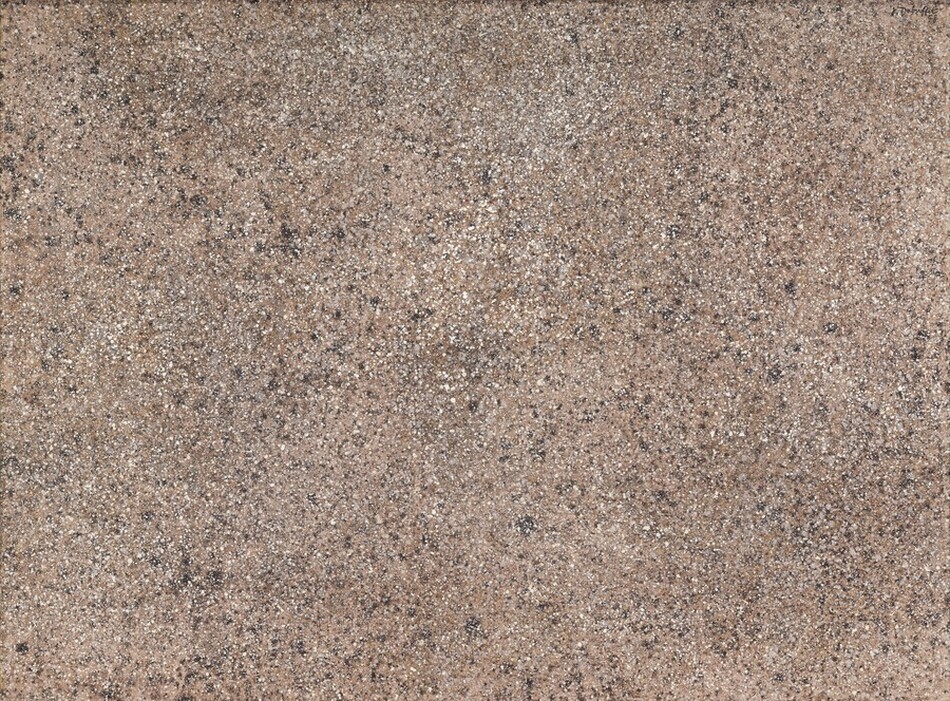 Grain-like speckles and dots in shades of sand brown, cream white, smoke gray, and soft black are evenly distributed across the horizontal surface of this abstract painting. The artist signed and dated the upper right corner, "J. Dubuffett '58."