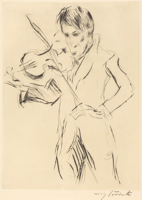 The image is an artistic sketch depicting a person playing the violin. The person is shown from the waist up, has short, dark hair, and their facial features are suggested rather than detailed. The clothing is loosely sketched, illustrating a jacket with a notched lapel. The figure is holding a violin with one hand and a bow with the other. The background is plain, focusing entirely on the figure.
