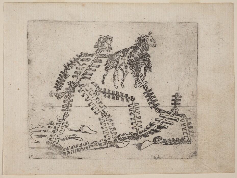 The image displays intersecting ladder-like shapes and lines forming an abstract representation of a horse and a human figure. The structures are composed of repeating rectangular segments connected at angles. This abstract arrangement resembles a human wearing a hat and a horse, depicted in a surreal and geometric fashion, with the horse appearing suspended or in motion.