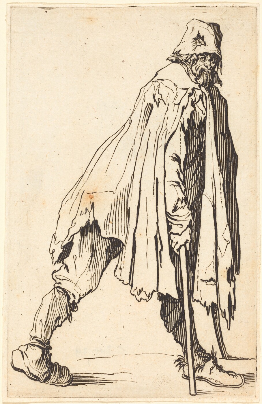 The image shows an elderly man walking. He is leaning forward and looking down. The man has a long beard, partially shadowed face, and aged features. He wears a wide-brimmed hat, a cloak with frayed edges, loose trousers, and rounded shoes. He holds a walking stick in his left hand. The background is simple.