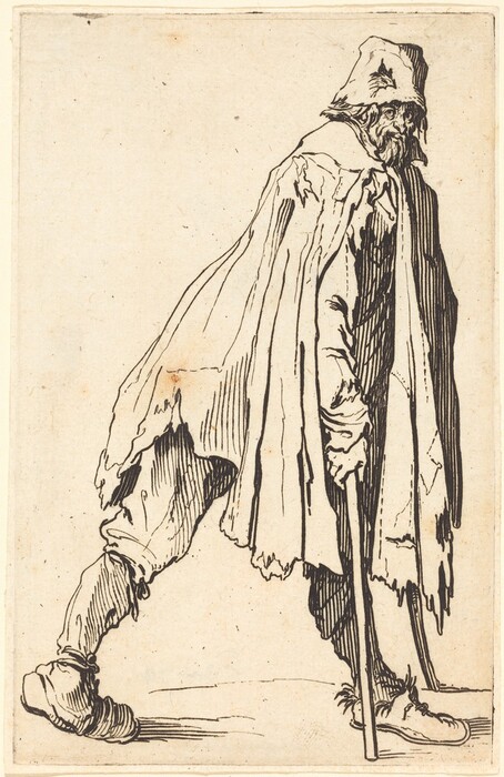 The image shows an elderly man walking. He is leaning forward and looking down. The man has a long beard, partially shadowed face, and aged features. He wears a wide-brimmed hat, a cloak with frayed edges, loose trousers, and rounded shoes. He holds a walking stick in his left hand. The background is simple.