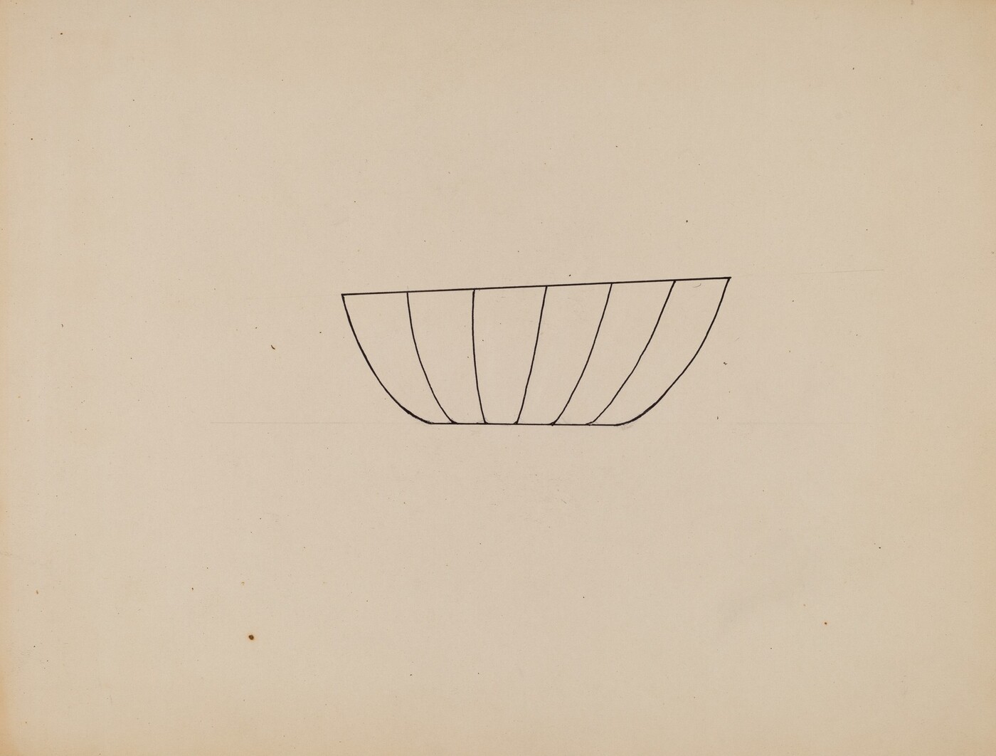 The image features a line drawing of a bowl-shaped object with vertical divisions, on a plain beige background. The drawing is centered and occupies the upper central area of the image, maintaining a minimal color palette of black lines on a beige background.