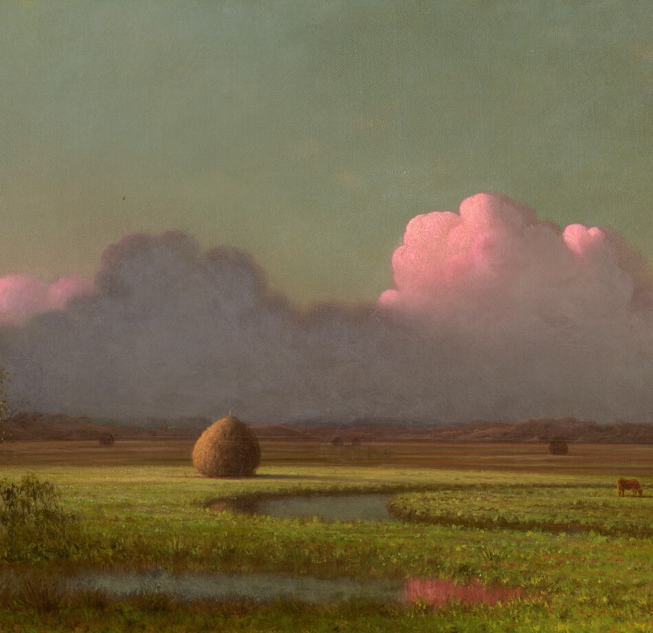 Tall, billowing, lavender-purple and shell-pink clouds line the distant horizon over a vast plain of flat grassy land in this horizontal landscape painting. Closest to us to the lower left, a tree with a gnarled trunk and round, sage-green canopy sits mostly in shadow. A river curves from near the tree to cut across most of the landscape in a tight S-shape. One plump haystack, shaped like a giant teardrop, sits near a curve of the river in the vivid, lemon-lime field, to our left of center. One brown and one white cow graze across the river, to our right. Above tawny-brown hills lining the horizon, sunlight from our left turns the tops of the band of clouds pale pink, and the undersides are grayish-purple. The sky above is turquoise. The artist signed the lower right corner, “M J Heade.”