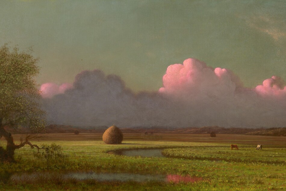 Tall, billowing, lavender-purple and shell-pink clouds line the distant horizon over a vast plain of flat grassy land in this horizontal landscape painting. Closest to us to the lower left, a tree with a gnarled trunk and round, sage-green canopy sits mostly in shadow. A river curves from near the tree to cut across most of the landscape in a tight S-shape. One plump haystack, shaped like a giant teardrop, sits near a curve of the river in the vivid, lemon-lime field, to our left of center. One brown and one white cow graze across the river, to our right. Above tawny-brown hills lining the horizon, sunlight from our left turns the tops of the band of clouds pale pink, and the undersides are grayish-purple. The sky above is turquoise. The artist signed the lower right corner, “M J Heade.”