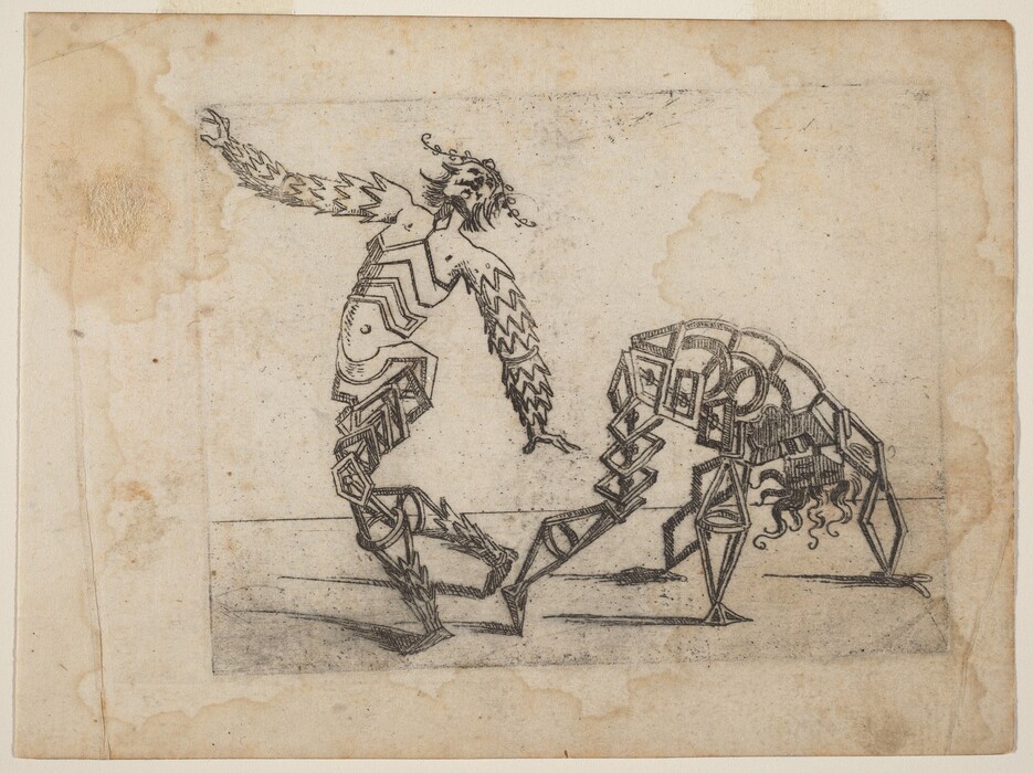 The image depicts sharp, angular lines and geometric shapes forming two figures in dynamic poses. The abstract design conveys movement, with zigzag patterns and interconnected polygons outlining figures resembling human dancers. The figures have flowing hair and outstretched limbs, invoking the image of someone performing a dance.