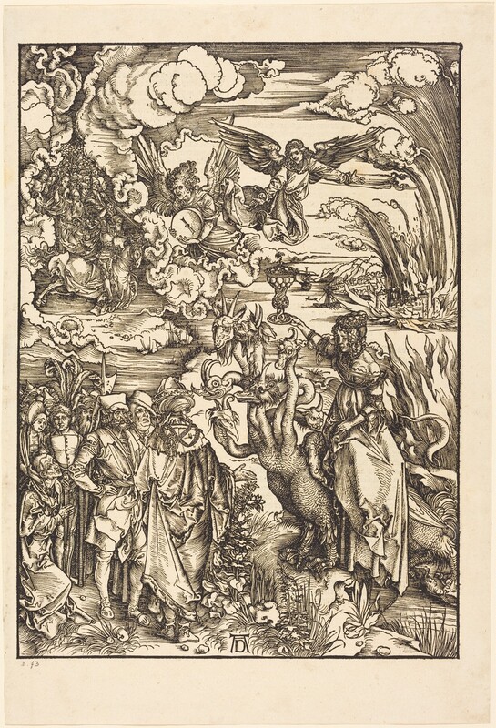 Created with black lines printed on cream-white paper, a dense crowd of men and women gathers to our left facing a woman riding a dragon-like creature with seven heads to our right, while angels fly overhead in this vertical woodcut. To our right, the woman rides the creature side-saddle, with both legs facing us, but she turns her torso to face the crowd to our left. She holds up a tall, ornate, lidded chalice with her right hand, farther from us, and her other hand rests in her lap. The woman has delicate features, seen almost in profile, and ringlets frame her face. The rest of her hair is pulled up under a jeweled crown, and she wears a pearl necklace. Her bodice is belted at the waist before falling past her feet. Her sleeves are off the shoulder and come to her elbows, and ornaments there could be jewels and more pearls. The creature she rides has talons for the front and back legs, with a plume of feathers and a tapering, snake-like tail at the back. Wings at the beast’s shoulders might be folded under the woman. Each of the seven faces of the creature has a long, serpentine neck with the head of a different animal with horns added, including a goat, bird, camel, and other imaginary animals. To our left, the group is made up of six men and one woman, with the tops of about a dozen hats indicating a crowd beyond. One man stands with his back to us, wearing a turban, a long, fur-lined cloak, and chains and jewels around his neck. Facing us, another man is cleanshaven with a double chin, and he wears a hat cocked to one side. Others wear a long floppy cap, a feathered cap, or monk’s robes. Densely packed slivers of faces and hats are jumbled together beyond, and the spiked blade of a halberd rises above the crowd. The group and creature seem to stand near the edge of a body of water, with plants and rocks scattered around their feet. The water stretches into the distance beyond the creature to a town being consumed by flames, to our right. Two masted ships and a rowboat float in the water near the shoreline, which leads back to distant mountains. Two winged angels with flowing, curly hair appear within coiling, twisting clouds in the sky above. One gestures toward the scene below with arms spread wide and the other holds a disk-like millstone. Also in the sky, to our left and smaller in scale, an armored man riding a horse raises a sword high overhead. Dozens of faces create a second crowd disappearing into the cloud banks beyond the rider. The artist signed the work with a D tucked into the legs of an A at the lower center.
