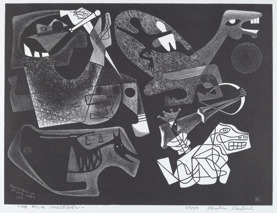The image shows a dynamic composition of interlocking shapes and intricate lines forming an abstract scene. Curved, angular, and overlapping geometric shapes converge to create forms, with bold lines and shaded areas suggesting parts of a horse with an expressive face, horns, or wings. The abstract arrangement invites connections to animals and crowns, while abstract patterns within the shapes add texture and depth.