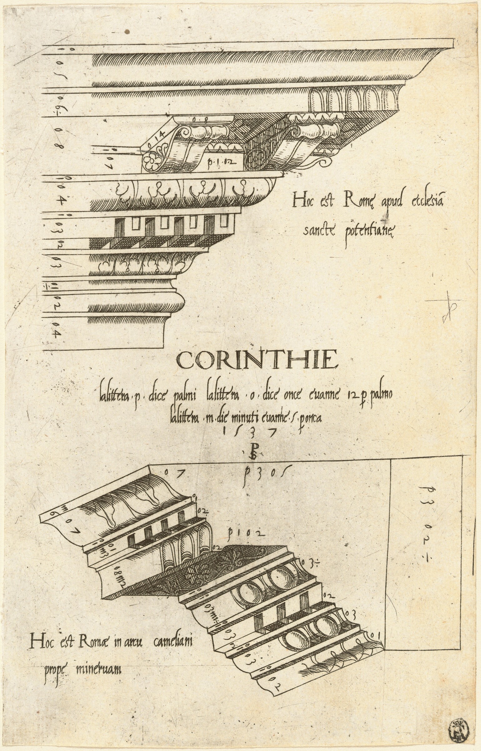 Entablatures from Santa Pudenziana and the Arch of Camigliano, Rome, Master PS, 1537