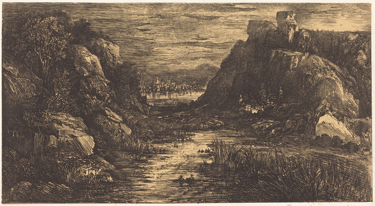The image depicts a aerial view of a landscape with a valley between rocky cliffs. The scene includes a cityscape in the distance, detailed and textured etching depicting rocks, water, and vegetation, a monochromatic sepia color palette, a body of water with surrounding tall grasses, buildings in the distance, and a sky with soft clouds.