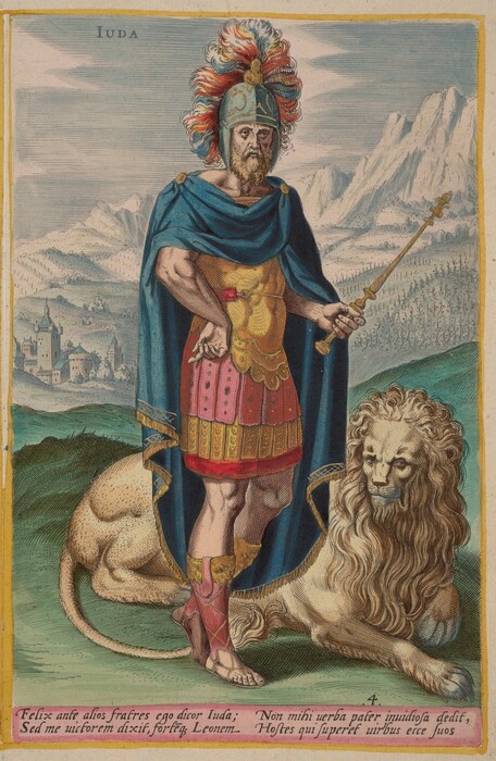 The image depicts a man standing in a strong and authoritative position. He is facing slightly to the side, with one hand on his hip and the other holding a scepter. His facial features are defined, and he sports a full beard. His hair is obscured by an ornate helmet adorned with a colorful, feathered plume. He is wearing a golden chest plate and a short, decorative skirt with patches of red and gold. A blue cloak is draped over his shoulders, fastened with a decorative clasp. His sandals are strapped up to his calves, and he stands with one foot forward showcasing muscular legs. Surrounding him is a landscape of green hills leading to a distant medieval town with castles. Majestic snow-capped mountains rise in the background. At his side sits a large, imposing lion, calm but alert, with a detailed and flowing mane. The scene is bordered by text.
