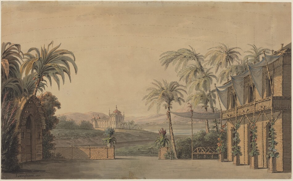 The image depicts a landscape with a central architectural structure on the horizon. Surrounding the building are palm trees, a garden setting, and another structure with blue awnings. Rolling hills and more palm trees are also visible. The painting features detailed brushstrokes and a color palette of earthy tones with hints of blue and warm hues.