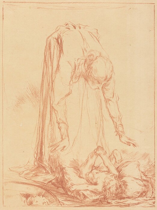 The image shows a sketch of two figures. One figure is standing and leaning forward with arms extended downward towards the other figure lying on the ground. The standing figure has a simple hairstyle and is wearing a long, flowing garment. The figure on the ground appears relaxed with limbs loosely positioned and their face slightly turned to the side. The background is plain with minimal details.