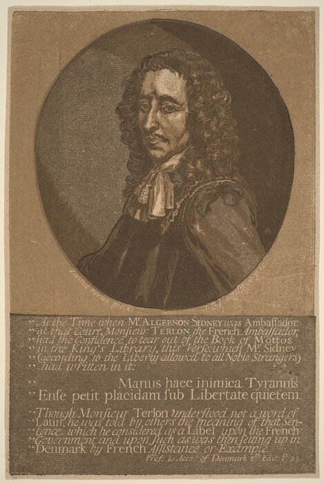 The image shows a bust-length portrait of a man in formal attire. He has long, slightly wavy hair, deep-set eyes, a straight nose, and a slightly parted mouth. The portrait is set within an oval frame with accompanying text below it. The background is a plain, neutral tone.