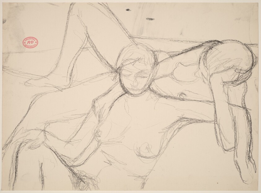 Untitled [seated female nude locking arms with a reclining one]