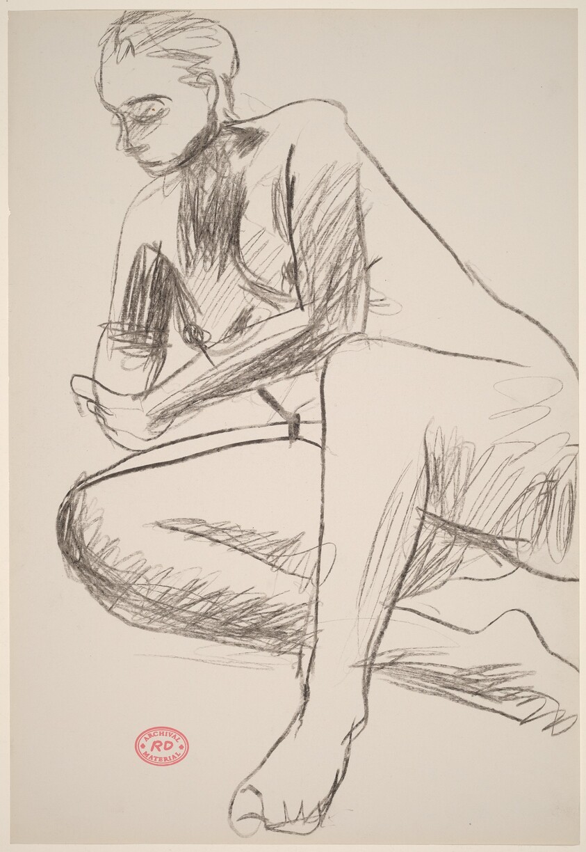 Untitled [seated model gripping her wrist with her left hand]