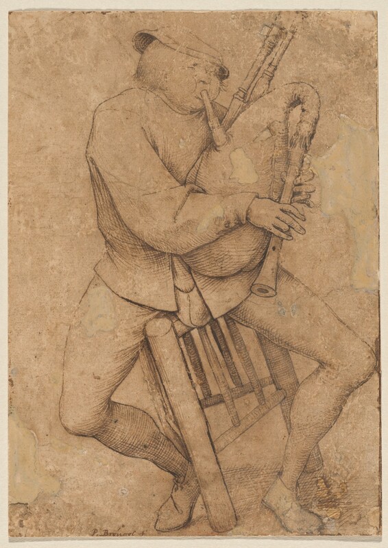Drawn with delicate lines in brown ink on vertically oriented, dark tan-colored paper, a man playing a bagpipe sits in a stool, which he tips to one side. The man has a round face with oversized, puffed cheeks. His eyes are squinted shut, and his features are pressed into the middle of his face. He has wispy, chin-length hair and wears a shallow, floppy cap. He blows hard into the mouthpiece of the bagpipe, which he holds between both arms as he fingers the recorder-like chanter. The man wears a baggy-sleeved jacket over tight-fitting pants and slippers. His knees are splayed wide, and a prominent codpiece is framed by the jacket’s quarters, the short front flaps. The three-legged stool has a triangular seat. The man tips the stool up on two legs, angled to our left. The paper is darkened in some areas and chipped around the edges. The artist signed the drawing near the lower left corner, “P. Bréugel f.”
