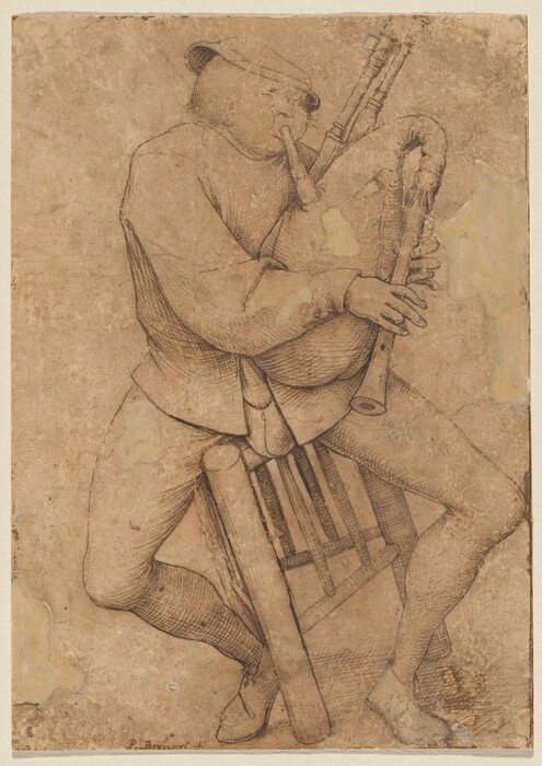 Drawn with delicate lines in brown ink on vertically oriented, dark tan-colored paper, a man playing a bagpipe sits in a stool, which he tips to one side. The man has a round face with oversized, puffed cheeks. His eyes are squinted shut, and his features are pressed into the middle of his face. He has wispy, chin-length hair and wears a shallow, floppy cap. He blows hard into the mouthpiece of the bagpipe, which he holds between both arms as he fingers the recorder-like chanter. The man wears a baggy-sleeved jacket over tight-fitting pants and slippers. His knees are splayed wide, and a prominent codpiece is framed by the jacket’s quarters, the short front flaps. The three-legged stool has a triangular seat. The man tips the stool up on two legs, angled to our left. The paper is darkened in some areas and chipped around the edges. The artist signed the drawing near the lower left corner, “P. Bréugel f.”