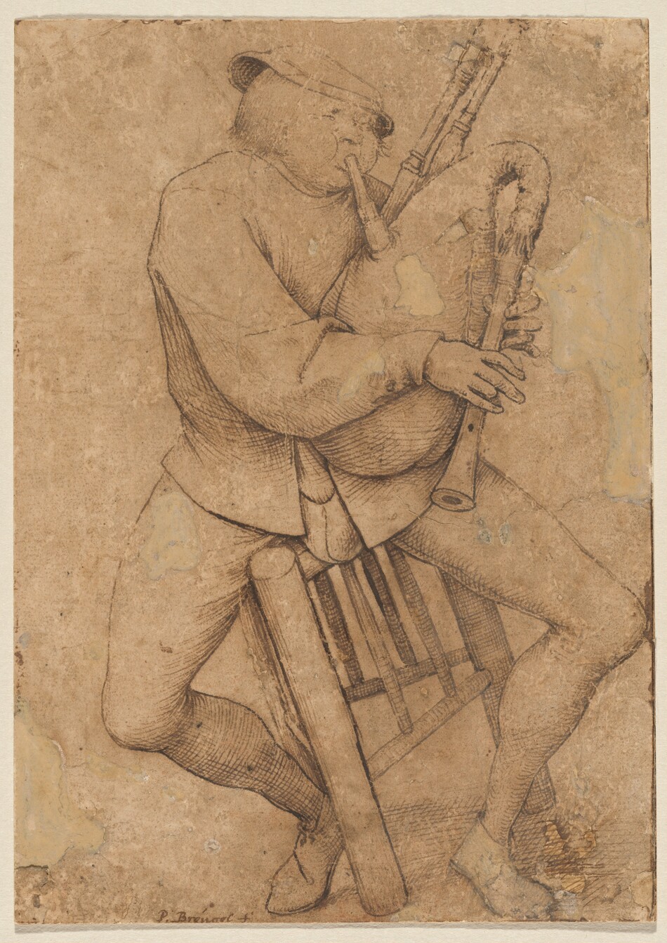 Drawn with delicate lines in brown ink on vertically oriented, dark tan-colored paper, a man playing a bagpipe sits in a stool, which he tips to one side. The man has a round face with oversized, puffed cheeks. His eyes are squinted shut, and his features are pressed into the middle of his face. He has wispy, chin-length hair and wears a shallow, floppy cap. He blows hard into the mouthpiece of the bagpipe, which he holds between both arms as he fingers the recorder-like chanter. The man wears a baggy-sleeved jacket over tight-fitting pants and slippers. His knees are splayed wide, and a prominent codpiece is framed by the jacket’s quarters, the short front flaps. The three-legged stool has a triangular seat. The man tips the stool up on two legs, angled to our left. The paper is darkened in some areas and chipped around the edges. The artist signed the drawing near the lower left corner, “P. Bréugel f.”