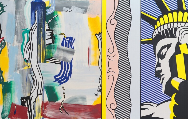 Smeared, blended strokes in the left half of this abstract painting contrast with outlined, stylized brushstrokes and blocks of pattern to the right in this horizontal composition. Powder-blue, canary-yellow, steel-gray, maroon-red, emerald-green, and pearl-white swipes to the left are layered under outlined white and blue strokes. A lemon-yellow vertical stripe just over halfway across the canvas separates this section from the remainder, which begins with a peach-colored, stylized scroll. Next is a wavy band of black and white diagonal stripes and then a sky-blue strip. The rightmost quarter of the canvas shows the face, crown, and one hand of the Statue of Liberty rendered in angular areas of flat color, including pale gray, black, and bright yellow, against a background of blue and white diagonal stripes.