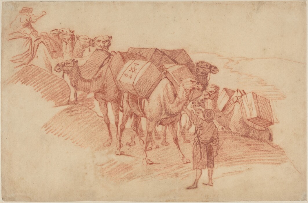 This is a drawing of a procession of camels laden with goods. The camels are depicted carrying large loads on their backs, possibly wrapped in fabric or containers. The drawing shows several camels in a realistic style, trekking across a slightly undulating terrain. The use of reddish-brown tones gives a warm and cohesive look. The focus is on the camels, showcasing details like their humps and expressions, in a composition that conveys movement and direction. There are figures next to some of the camels, possibly tending to them.