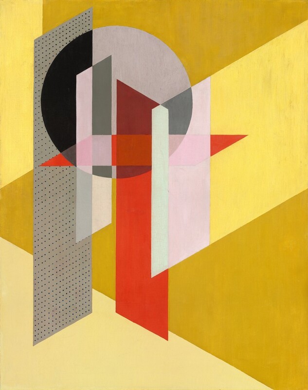 A circle and several parallelograms float, changing color where they overlap, against a mustard and lemon-yellow background in this abstract, vertical painting. The circle is near the upper left corner, and stretches almost halfway across the canvas. The circle is mostly elephant gray and is black where the angular forms overlap it. All of the parallelograms are vertical except for one that cuts across them and the circle. The parallelograms are mostly ivory white, pale pink, stone gray, or light turquoise where they intersect, except for one that turns from ruby red to brick red within the circle and the leftmost shape, which has a pattern of small black dots against slate gray.