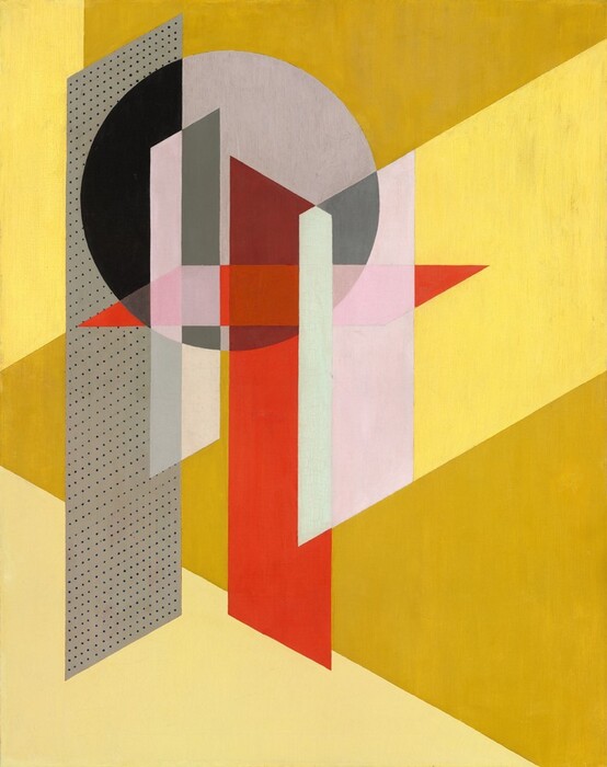 A circle and several parallelograms float, changing color where they overlap, against a mustard and lemon-yellow background in this abstract, vertical painting. The circle is near the upper left corner, and stretches almost halfway across the canvas. The circle is mostly elephant gray and is black where the angular forms overlap it. All of the parallelograms are vertical except for one that cuts across them and the circle. The parallelograms are mostly ivory white, pale pink, stone gray, or light turquoise where they intersect, except for one that turns from ruby red to brick red within the circle and the leftmost shape, which has a pattern of small black dots against slate gray.