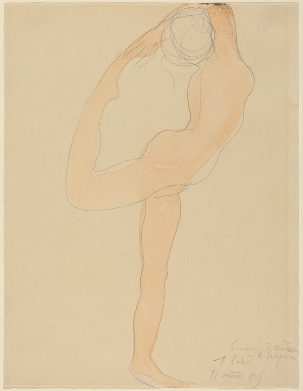 A woman stands balanced on one foot and reaches overhead and holds the other foot with at least one arm in this vertical drawing on now-yellowed paper. The person is outlined in graphite and filled in loosely with a peach color. The head is sketched as a round circle with a few sweeping lines suggesting tendrils of hair. Graphite writing in the lower right corner reads, “homage a Madame K. Simpson A. Rodin 11 octobre 1905.”