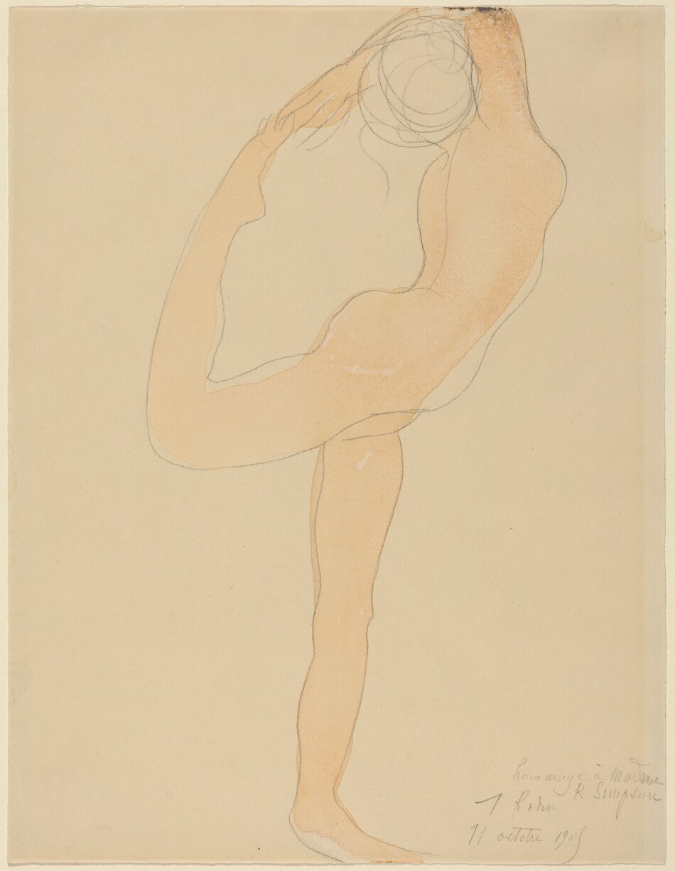A woman stands balanced on one foot and reaches overhead and holds the other foot with at least one arm in this vertical drawing on now-yellowed paper. The person is outlined in graphite and filled in loosely with a peach color. The head is sketched as a round circle with a few sweeping lines suggesting tendrils of hair. Graphite writing in the lower right corner reads, “homage a Madame K. Simpson A. Rodin 11 octobre 1905.”