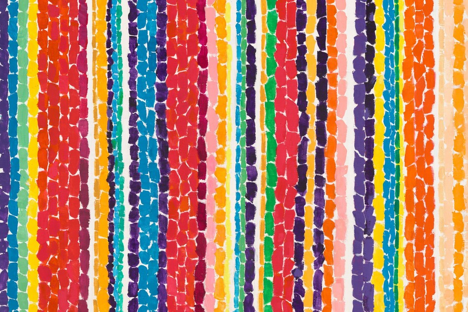 Vertical bands of vibrant, saturated color are created with upright dashes of paint in this abstract, square painting. The colors range widely from primary colors to intense jewel tones, and there is no repeating pattern. The dashes are also varying widths, and bands occasionally repeat so there could be two or more of a single color before another shade marches up the canvas.