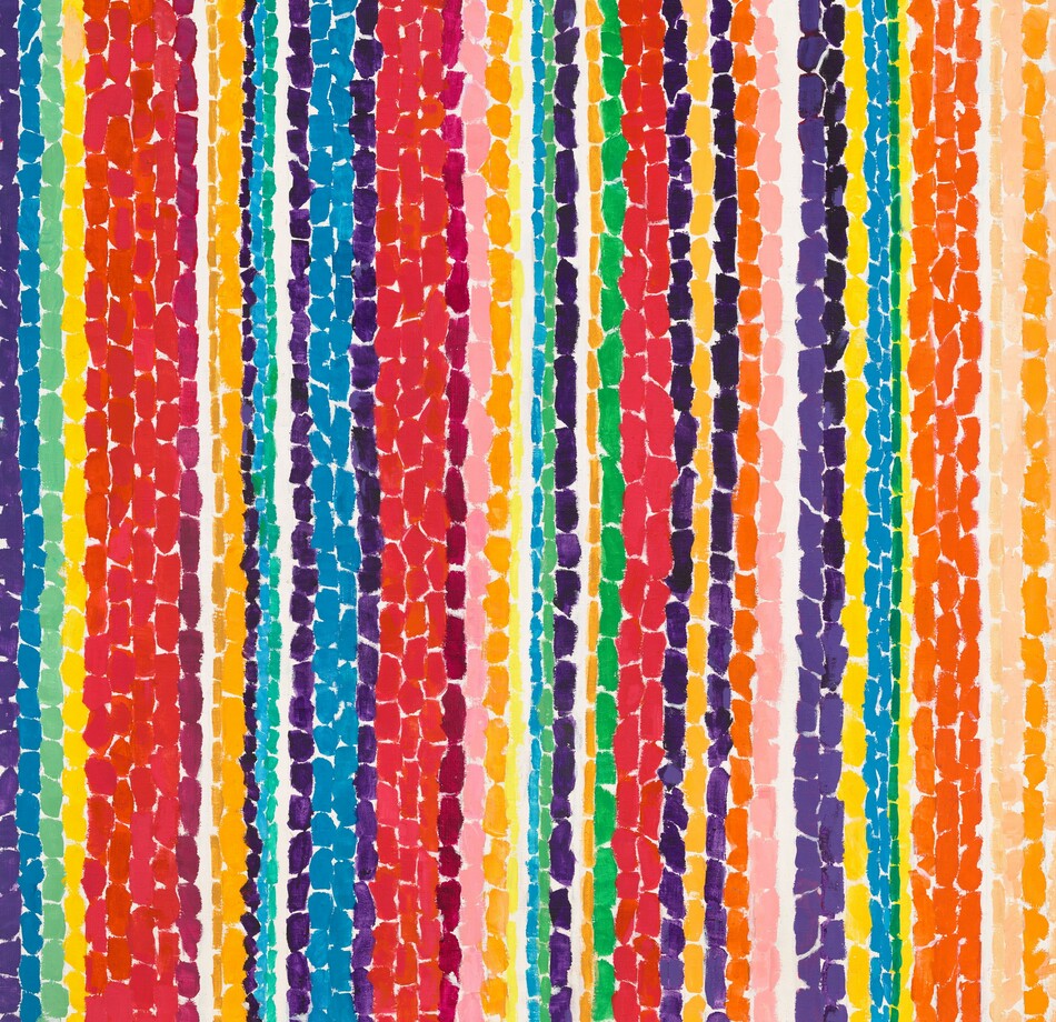 Vertical bands of vibrant, saturated color are created with upright dashes of paint in this abstract, square painting. The colors range widely from primary colors to intense jewel tones, and there is no repeating pattern. The dashes are also varying widths, and bands occasionally repeat so there could be two or more of a single color before another shade marches up the canvas.