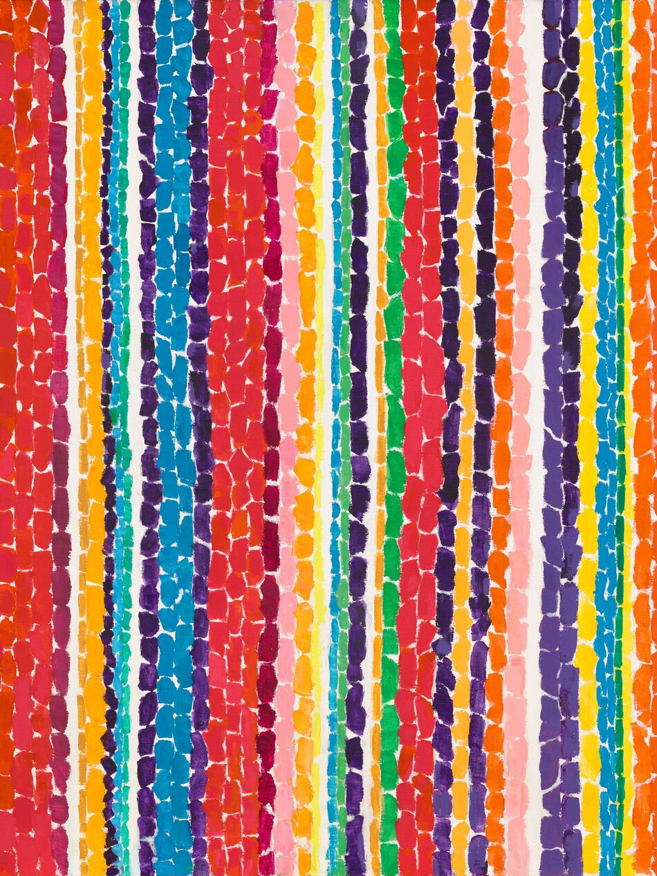 Vertical bands of vibrant, saturated color are created with upright dashes of paint in this abstract, square painting. The colors range widely from primary colors to intense jewel tones, and there is no repeating pattern. The dashes are also varying widths, and bands occasionally repeat so there could be two or more of a single color before another shade marches up the canvas.