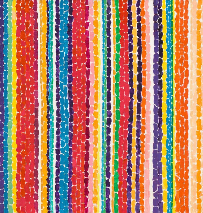 Vertical bands of vibrant, saturated color are created with upright dashes of paint in this abstract, square painting. The colors range widely from primary colors to intense jewel tones, and there is no repeating pattern. The dashes are also varying widths, and bands occasionally repeat so there could be two or more of a single color before another shade marches up the canvas.
