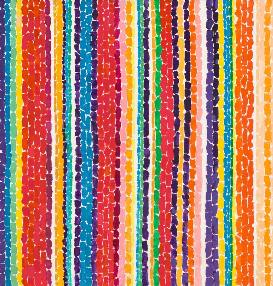 Vertical bands of vibrant, saturated color are created with upright dashes of paint in this abstract, square painting. The colors range widely from primary colors to intense jewel tones, and there is no repeating pattern. The dashes are also varying widths, and bands occasionally repeat so there could be two or more of a single color before another shade marches up the canvas.