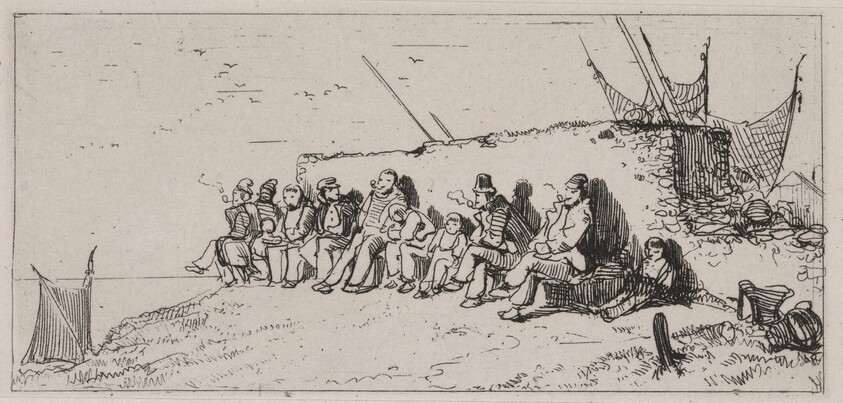 Fishermen Seated along a Wall, Smoking