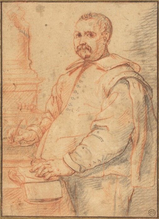 The image depicts the upper two-thirds of a man's body. He is standing, facing the viewer with his body angled slightly to the right. The man has facial features including a mustache and short, curly hair. He is wearing a loose-fitting garment with a prominent collar and buttons down the front. The man is holding a pen or similar writing instrument in his right hand, with his other hand resting on an open book or paper on a table in front of him. The background includes lightly sketched architectural elements. The drawing is in a neutral tone with fine details accentuated by red and black chalk strokes.