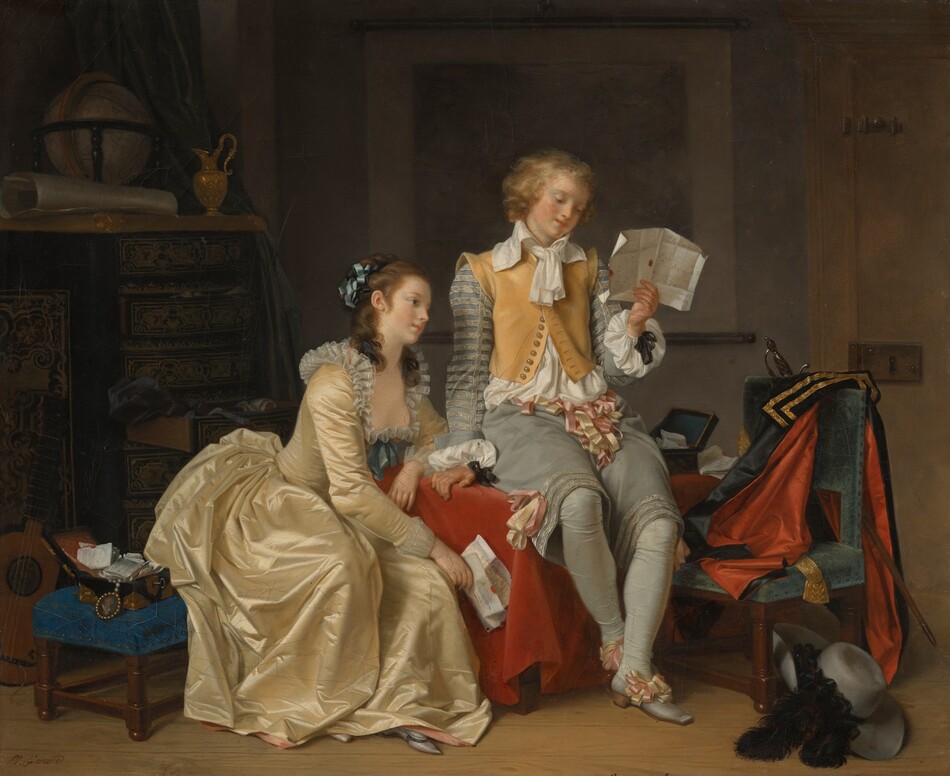 The image depicts a man and a woman indoors. The man is seated on a red-covered piece of furniture and holding a letter. He has curly blonde hair and is dressed in a yellow vest, white shirt, cravat, and gray breeches. The woman is kneeling beside him, holding a piece of paper. The scene also includes a stool with letters, a musical instrument, a chair with a cloak, a sword, a hat with plumes, and a decorated cabinet with a globe and vase on paneled walls.