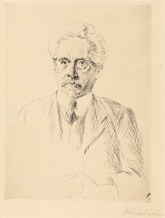 The image is a sketch showing the upper body of a person seated and facing slightly to the right. The person has distinct facial features, including deep-set eyes, a prominent mustache, and neatly combed back hair. They are wearing a suit with a formal jacket and shirt, with no visible accessories. The background is plain.