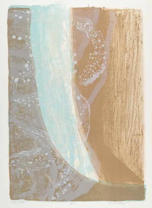 The image displays curved lines and layered textures creating a soft visual effect. The central shape resembles a flowing, vertical stream, bordered by earth-toned expanses. On the left side, there are aqua and gray hues with scattered white dots. The right side features solid, granular texture, reminiscent of rocky terrain or sediment layers.