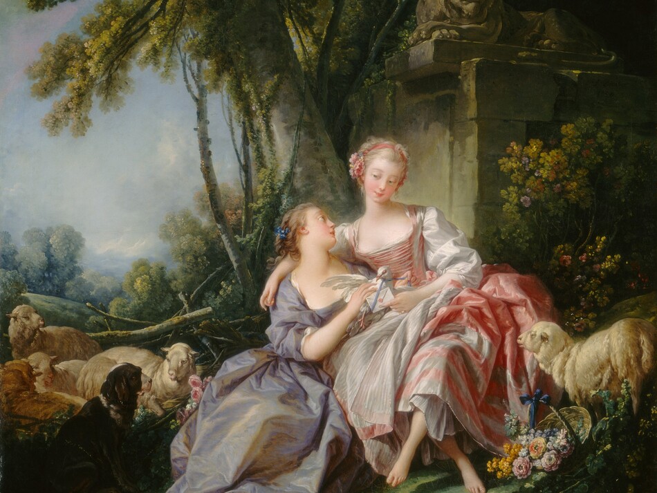 Two pale-skinned women sit together surrounded by five sheep and a dog in a lush forest in this vertical painting. The woman to our right sits slightly above the other, with her arm draped around the shoulders of her companion. The woman to our right wears a low-cut, rose-pink dress with a full skirt and voluminous, gossamer sleeves. Blond curls are pulled back behind a headband, which is adorned over one ear with three large, pink flowers and smaller yellow and blue flowers. She tips her head to our right as she gazes down to her left at her friend. She has blue eyes, flushed cheeks, a delicate nose, and her grapefruit-pink lips curl in a gentle smile. She crosses one knee over the other and leans toward the other woman. Tucked into her side, the second woman looks up at the first in profile facing our right. Her low-cut, lavender-purple dress has a gold shimmer that suggests silk. Her ash-brown curls are pulled back and decorated with small sea-blue flowers. One toe peeks out from her long skirt, and both women are barefoot. The woman in purple holds a white dove on her friend’s lap, and the woman in pink holds a small envelope closed with a shell-pink seal next to the bird. The dove’s wings are slightly outspread, and a blue ribbon is tied around its neck. Just behind the pair, a towering tree with a silvery-gray trunk grows up and off the top edge of the painting. It angles to our left, and green branches hang down into the picture. To our right of the tree, a rectangular sand-brown stone structure is topped with a male lion carved from the same stone, near the upper right corner. The ground beneath the women is covered with moss-green growth and the space around them filled with verdant bushes and plants. A single, cream-colored sheep stands to our right, facing the women, next to a basket of flowers near the lower right corner. Four more sheep stand and lie together beyond the women to our left, while a black-bodied hound with a white muzzle sits watching the women. A pile of broken branches, perhaps forming a fence, lies behind the sheep. Grassy hills and trees become hazy in the distance beyond, and the sky above is slate blue with a few white and pale pink clouds. The upper and lower right corners and the lower left corner are deep in shade. The artist signed and dated the painting as if he had inscribed the stone in the shadow just below the lion, “f. Boucher 1750.”