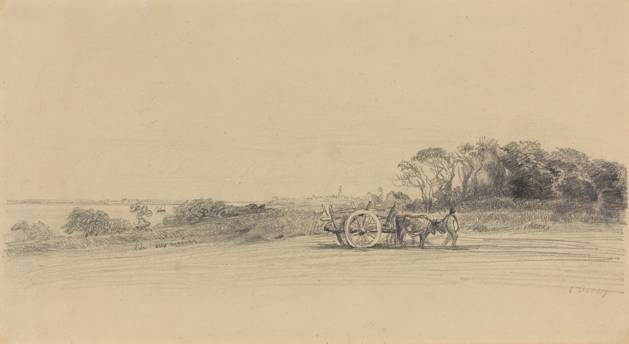 The image shows a landscape with a low horizon. On the horizon are faint lines suggesting buildings. On the right, a detailed pencil drawing features a person guiding two oxen pulling a cart. The background transitions from dense foliage to less distinct as it moves left. The drawing's fine pencil strokes capture details clearly, and the monochrome palette highlights shading and line work for a serene setting.