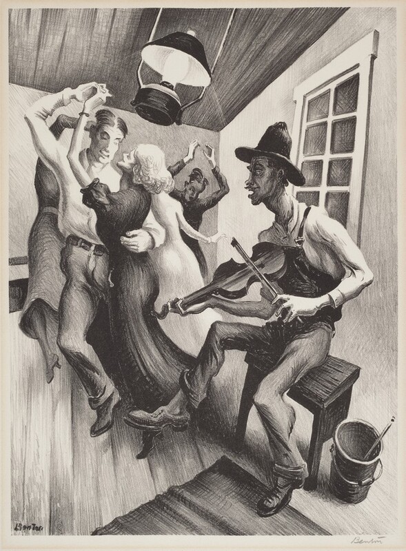 Printed with shades of black and gray, five people dance as a man plays the fiddle in a cramped room in this vertical lithograph. Closest to us, the fiddler sits on a wooden stool to the right. He has a long neck, a prominent Adam’s apple, and a pencil mustache, and his mouth hangs slack. He wears a wide-brimmed, high-crowned hat, a white, long-sleeved shirt, overalls, and rounded shoes. Bracing the fiddle against his chest, he lifts one foot. A pail next to the stool holds another bow. The room beyond the fiddler telescopes, with the far wall seeming close to us, the floor angling sharply up, and the ceiling careening down to meet the far wall. A lantern above hangs at an angle. A man and woman dancing together take up most of the left half of the composition. The woman looks up at the man smiling, and she wears a long dark dress with short, puffed sleeves. The man wraps one arm around her narrow waist, and they lift the entwined fingers of their other hands high. The man’s short hair is parted down the middle, and he wears a button-up, long-sleeved white shirt, trousers, and a belt. Two women and a man dance in the shallow space behind this couple. The corner of an area rug edges into the scene and under the planted foot of the fiddler. The artist’s name, “Benton,” is inscribed on the printing stone in the lower left corner and written in graphite in the lower right.