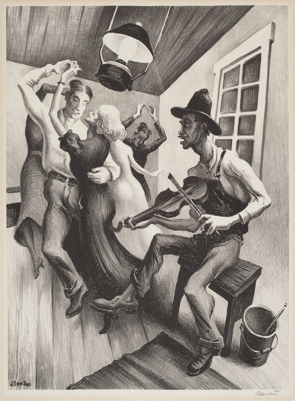 Printed with shades of black and gray, five people dance as a man plays the fiddle in a cramped room in this vertical lithograph. Closest to us, the fiddler sits on a wooden stool to the right. He has a long neck, a prominent Adam’s apple, and a pencil mustache, and his mouth hangs slack. He wears a wide-brimmed, high-crowned hat, a white, long-sleeved shirt, overalls, and rounded shoes. Bracing the fiddle against his chest, he lifts one foot. A pail next to the stool holds another bow. The room beyond the fiddler telescopes, with the far wall seeming close to us, the floor angling sharply up, and the ceiling careening down to meet the far wall. A lantern above hangs at an angle. A man and woman dancing together take up most of the left half of the composition. The woman looks up at the man smiling, and she wears a long dark dress with short, puffed sleeves. The man wraps one arm around her narrow waist, and they lift the entwined fingers of their other hands high. The man’s short hair is parted down the middle, and he wears a button-up, long-sleeved white shirt, trousers, and a belt. Two women and a man dance in the shallow space behind this couple. The corner of an area rug edges into the scene and under the planted foot of the fiddler. The artist’s name, “Benton,” is inscribed on the printing stone in the lower left corner and written in graphite in the lower right.