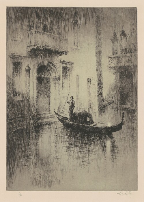 The image shows a Venetian canal with a gondola and gondolier. Buildings line the waterway, featuring arched doorways and balconies. The artwork uses sketch-like brushstrokes, creating a textured appearance. The color palette is predominantly black and gray.