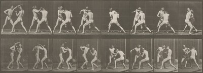 This is a photograph of a sequential depiction of an athletic activity. The photograph shows a series of frames with two rows, each capturing moments in a motion sequence. The images present two figures in motion, engaged in a form of sparring or wrestling. The background has a plain, grid-like pattern. The series captures different stages of the interaction between the figures, highlighting their dynamic movements and positions.