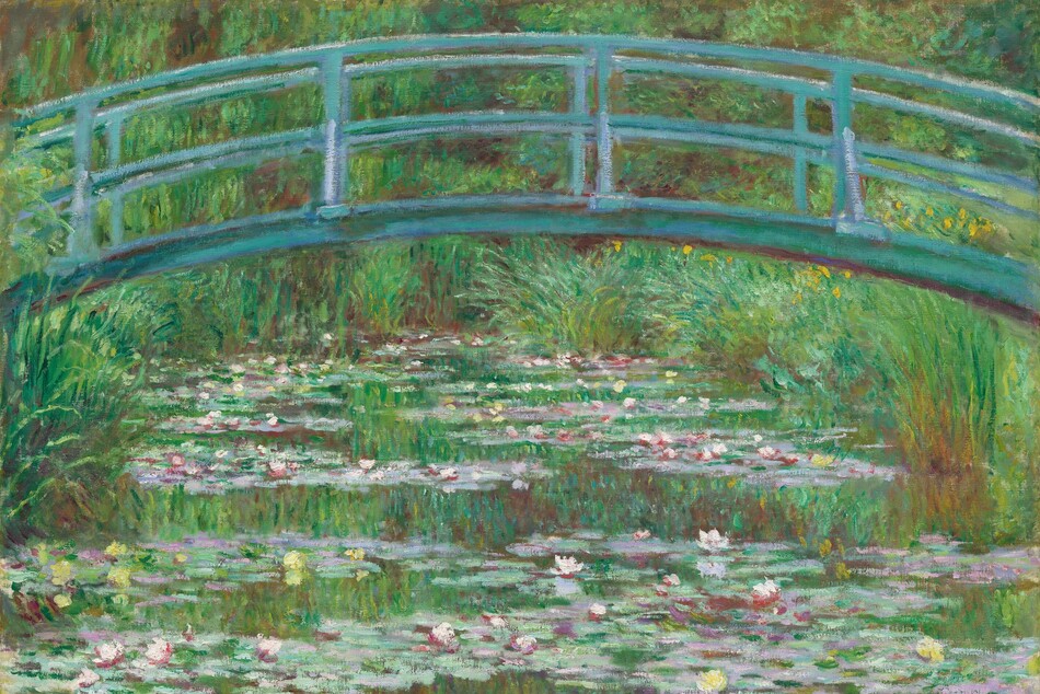 A pale turquoise footbridge arching over a pond lined with tall grasses and filled with petal-pink and butter-yellow waterlilies spans this horizontal landscape painting. The scene is loosely painted with touches of vibrant color. In the top third of the composition, the shallowly arched bridge nearly touches the top edge of the canvas, and it extends off each side. The shadows on the bridge are painted with eggplant purple. Bands of waterlilies gently zigzag into the distance on the surface of the water. The spring and emerald-green grasses growing along the banks fill the space around and over the pond, and they blend into a screen of trees beyond that enclose the scene. The green of the grasses and trees is reflected in the surface of the water, as is the underside of the bridge. The artist signed and dated the work with dark paint in the lower right corner: “Claude Monet 99.”